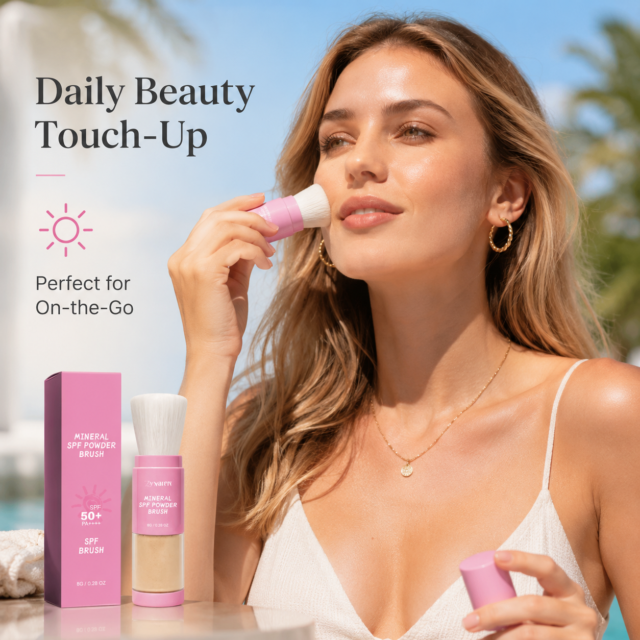 Mineral SPF 50 Powder Brush, 8g On-the-Go Sunscreen Powder Brush for Face, Soft-Matte Mineral Powder, Oil Control Touch-Up Brush,Portable Travel Size