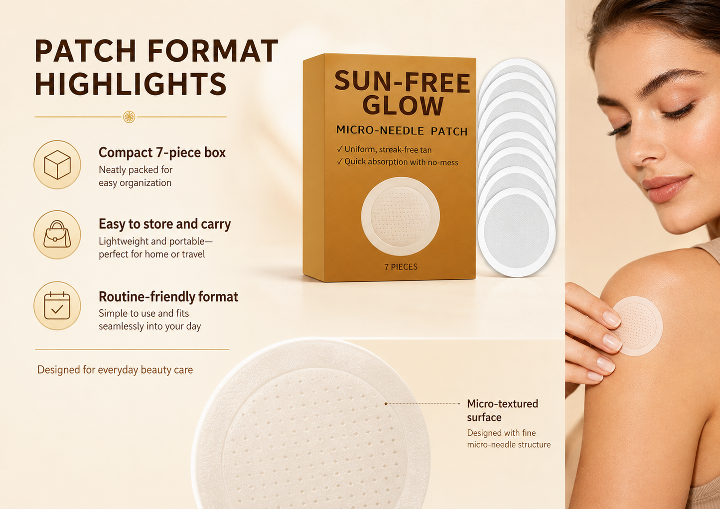 Sun-Free Glow Patch, 7 Pieces Round Micro-Tip Beauty Patches, Peel and Place Body Glow patch fes or Easy Routine Use, No-Mess Self-Tanning Patches Format for Travel, Daily Beauty and On-the-Go Care