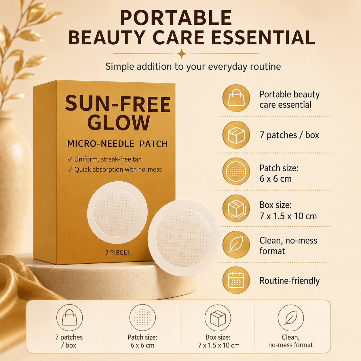 Sun-Free Glow Patch, 7 Pieces Round Micro-Tip Beauty Patches, Peel and Place Body Glow patch fes or Easy Routine Use, No-Mess Self-Tanning Patches Format for Travel, Daily Beauty and On-the-Go Care
