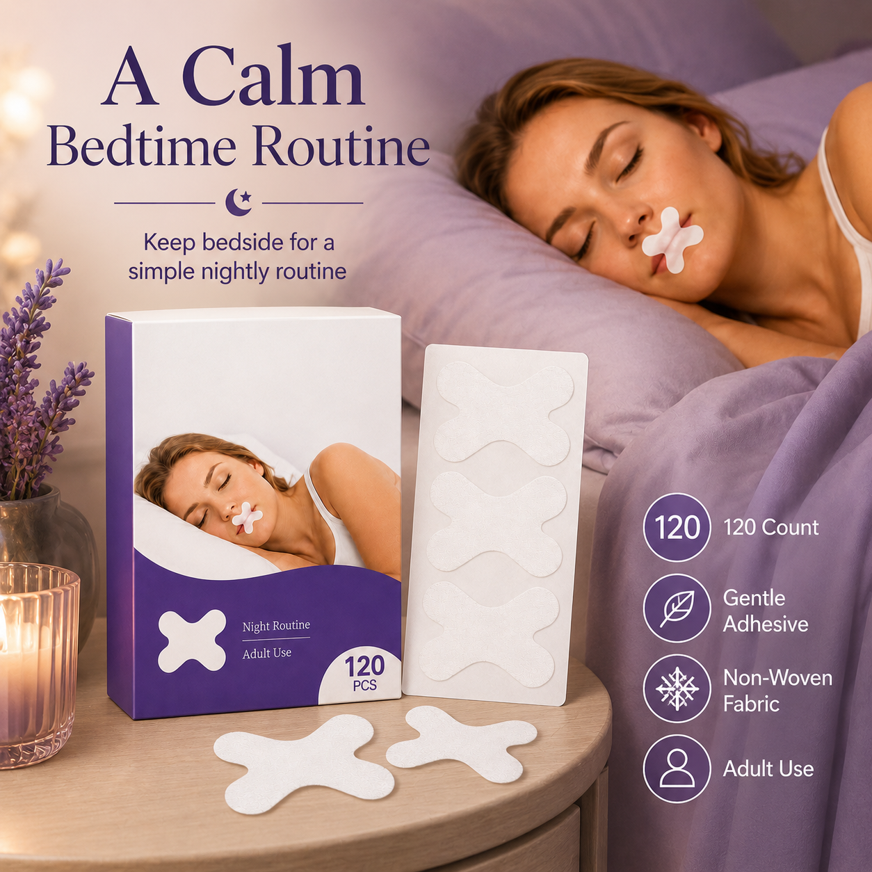 Mouth Tape for Adults, Gentle Mouth Strips for Night Routine, X-Shaped Sleep Tape with Soft Adhesive, Adult Use Only, Comfortable Overnight Mouth Tape for Home and Travel