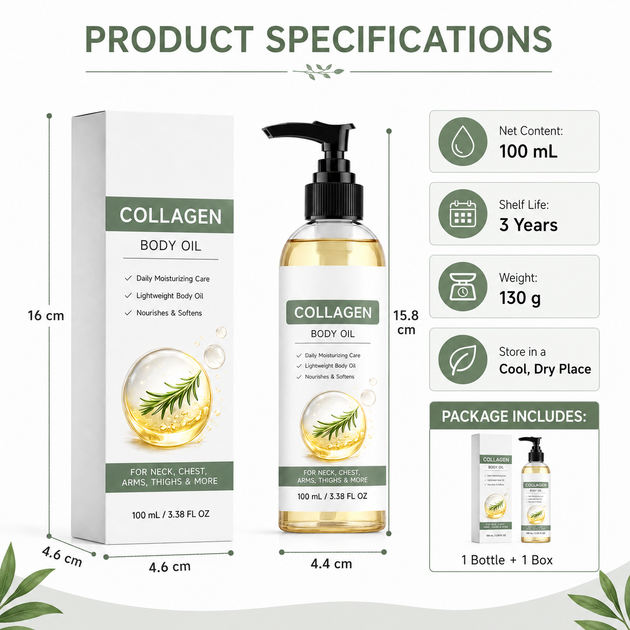 Collagen Body Oil, 100 mL / 3.38 fl oz Lightweight body OilCollagen BodyOil for Body & After Shower, Lightweight Moisturizing BodyOil for Women and Men (100ML-1PKCollagen Body Oil)