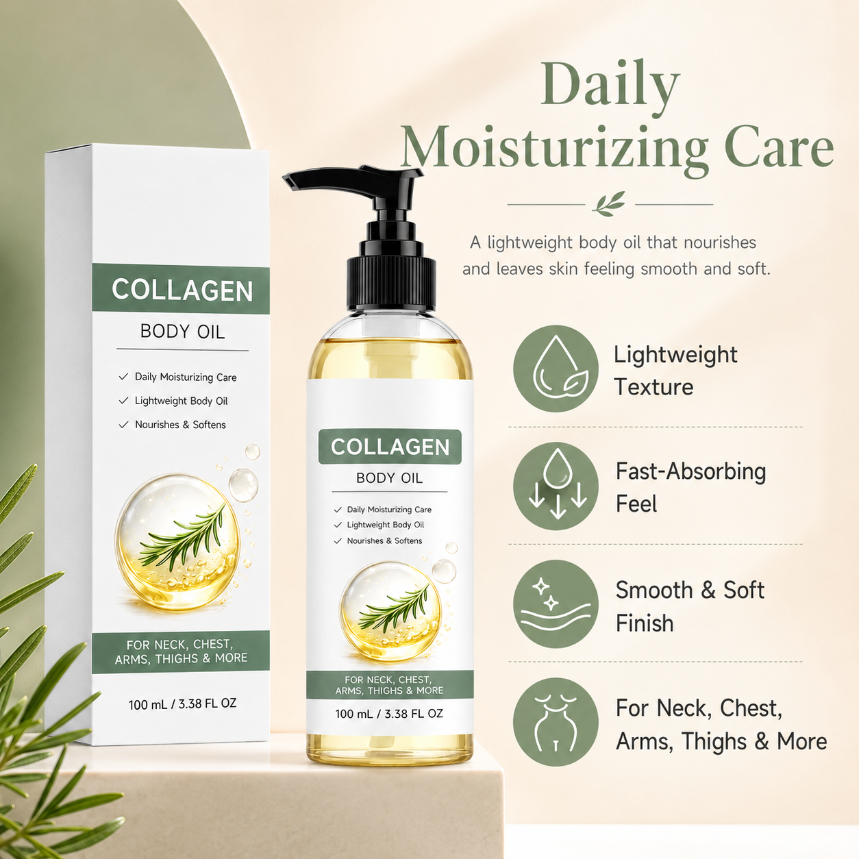 Collagen Body Oil, 100 mL / 3.38 fl oz Lightweight body OilCollagen BodyOil for Body & After Shower, Lightweight Moisturizing BodyOil for Women and Men (100ML-1PKCollagen Body Oil)