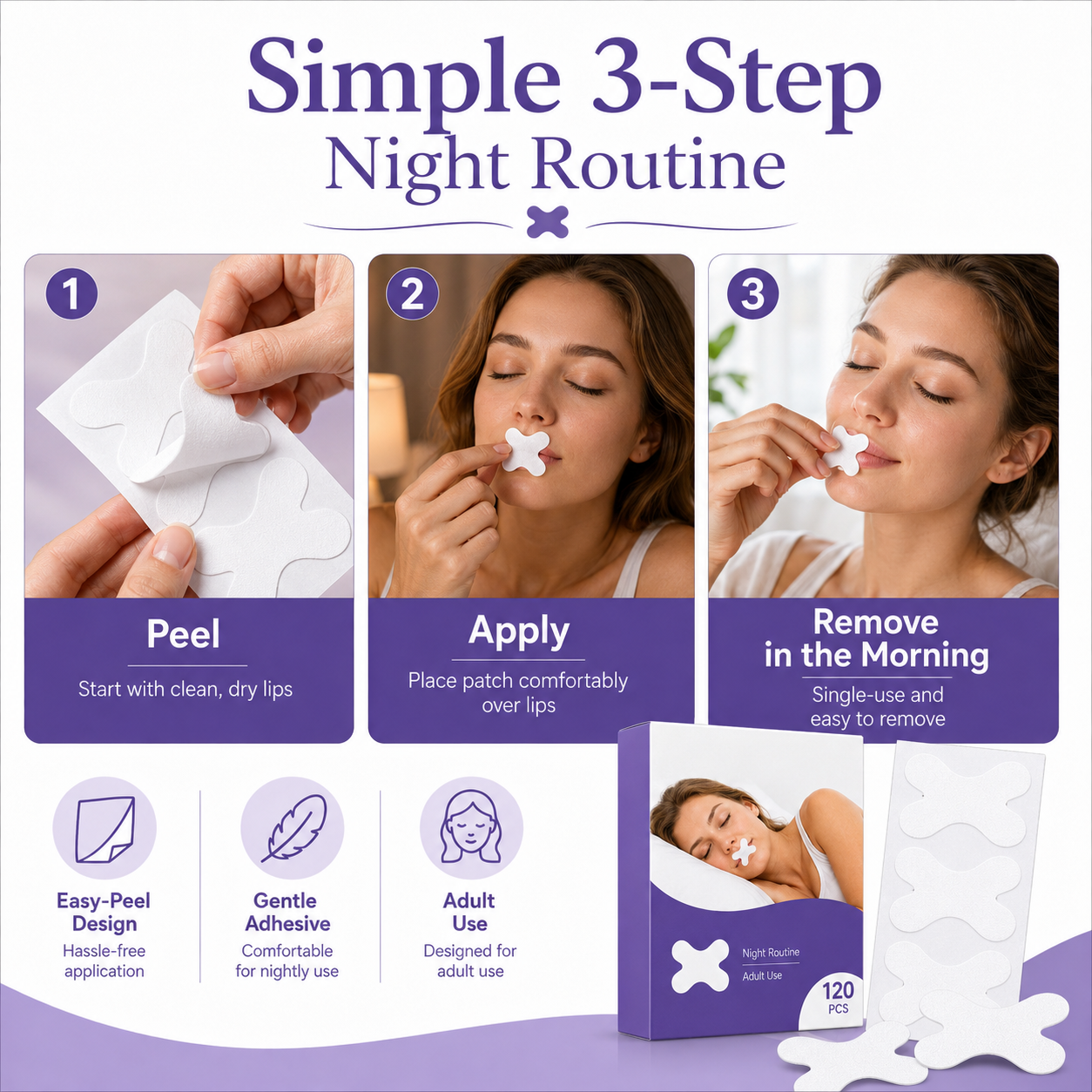 Mouth Tape for Adults, Gentle Mouth Strips for Night Routine, X-Shaped Sleep Tape with Soft Adhesive, Adult Use Only, Comfortable Overnight Mouth Tape for Home and Travel