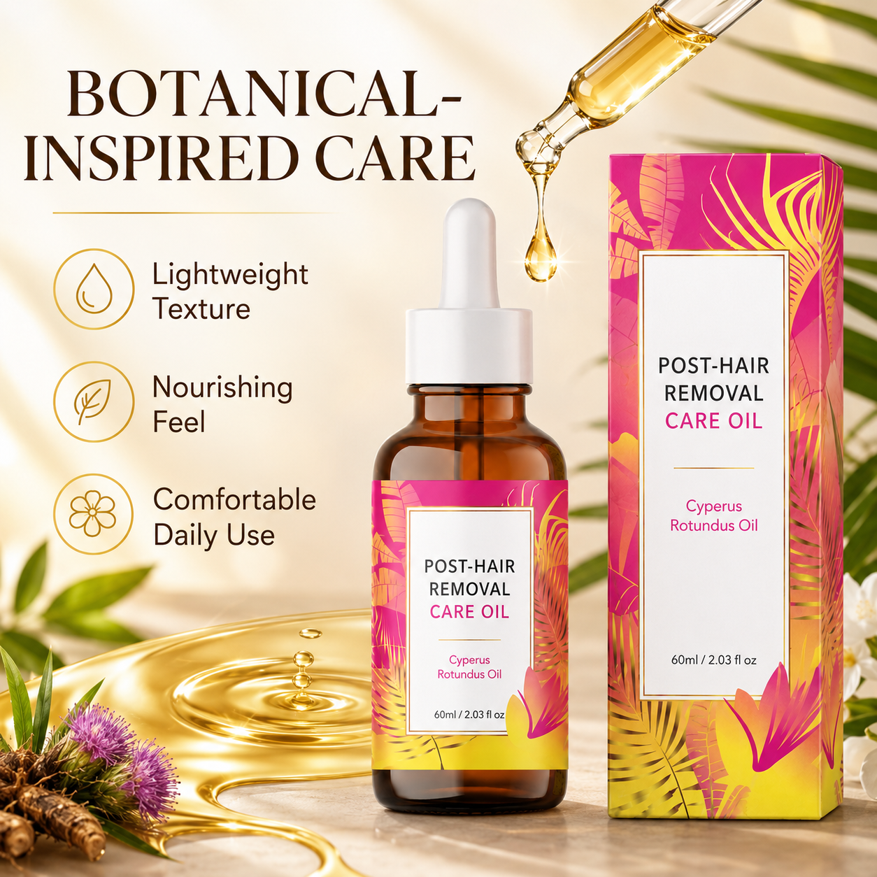60ML Natural Cyperus Rotundus Oil for Hair removal, Hair Removal Oil for Slow Body Hair Growth,for Women & Men, Soothes Skin & Minimizes Pores